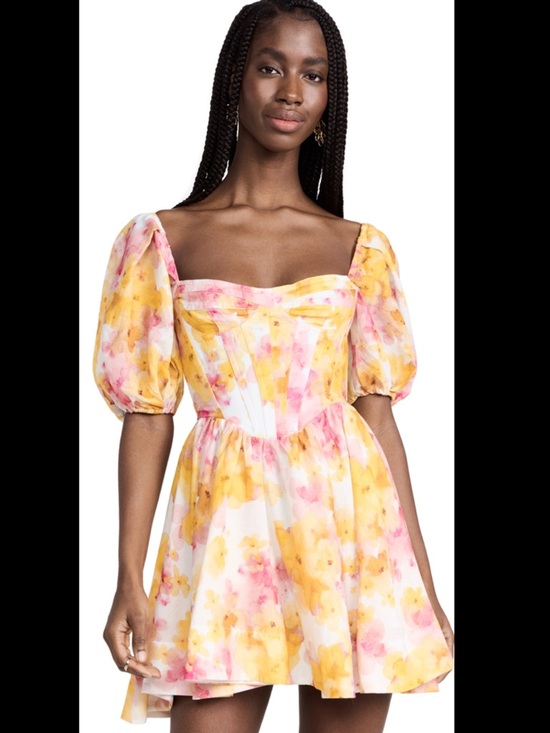 Bardot Dresses & Skirts - New BARDOT Kiah Floral Print Boned Corset Puff Sleeve Minidress In Pink Yellow L